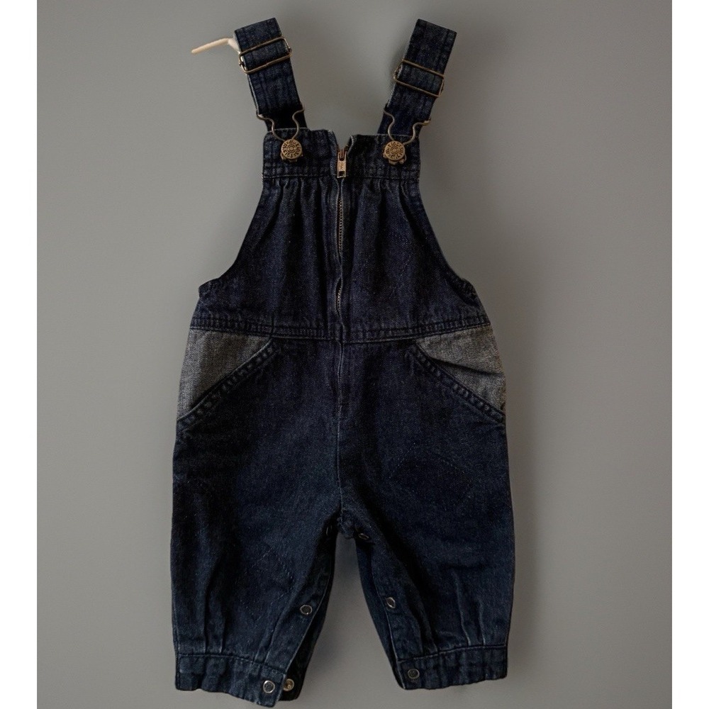 Vintage Sears 70s/80s Unisex Baby Size 9-12m Denim Yellow Jean Overalls Romper